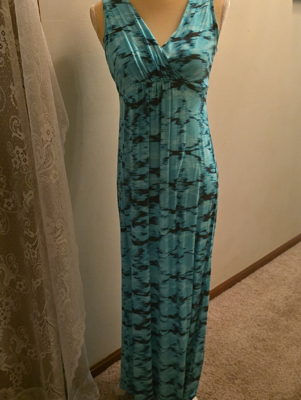 Daisy Fuentes Women's Size PM Teal Black Abstract Sleevelessโ Pull On Maxi Dress
